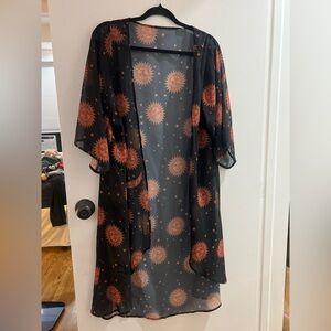 Black Sheer Kimono with Orange Sun Pattern